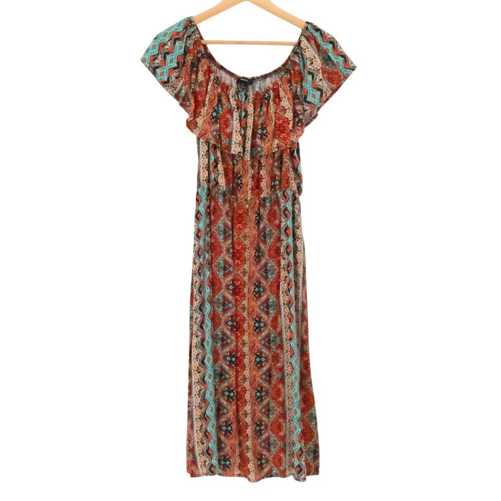 Geometric Aztec Boho Midi Dress Womens Size S Ruffle Off Shoulder Southwest